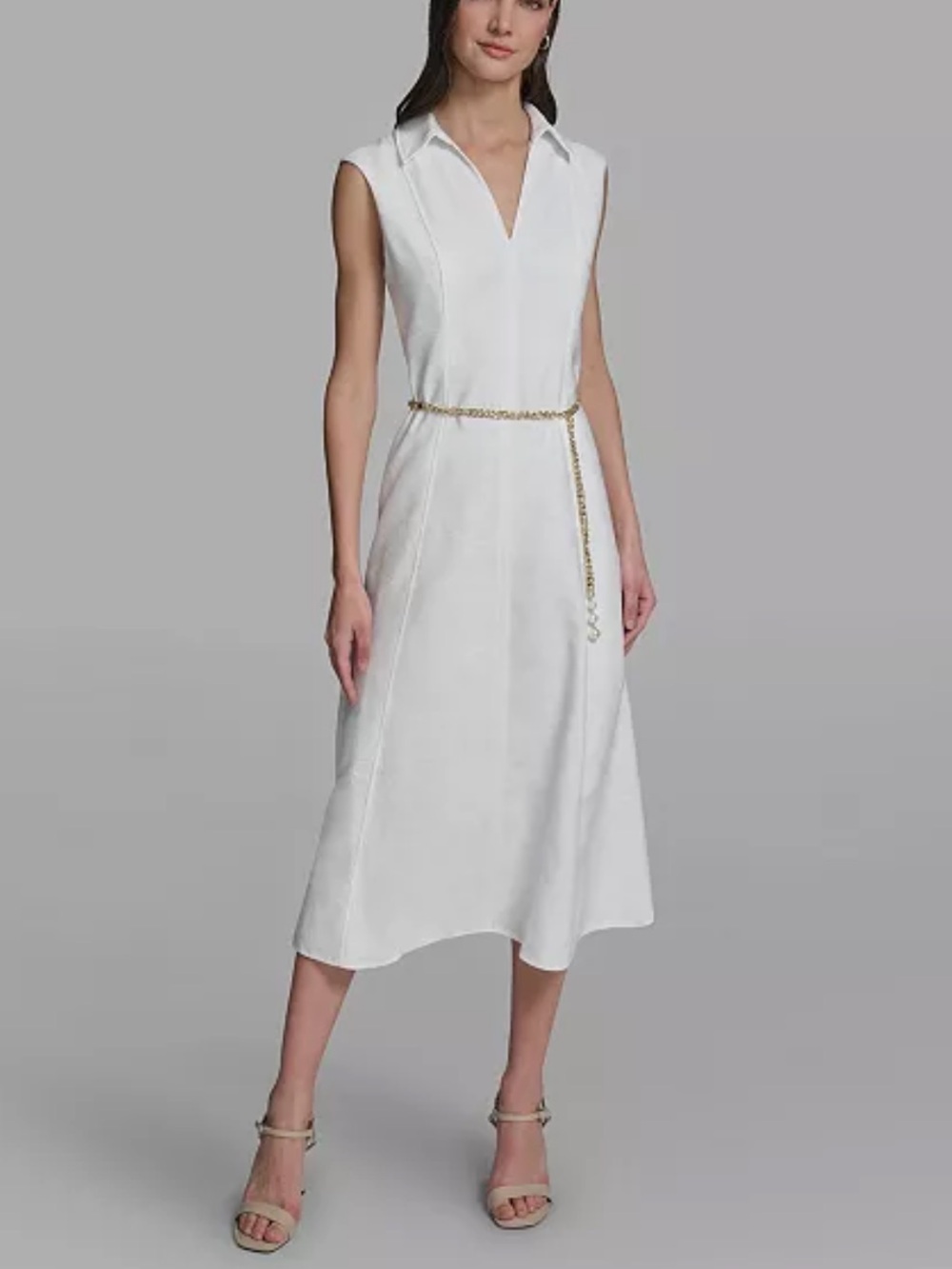 Karl Lagerfeld White Sleeveless Midi Dress with Gold Chain Belt - Picture 1 of 4